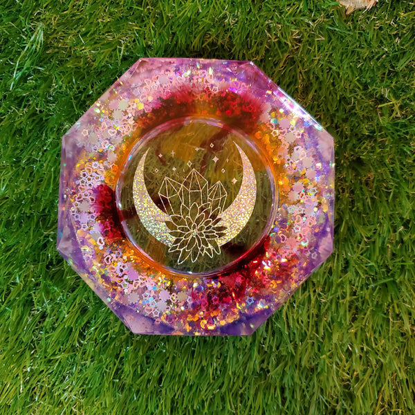 Shimmer Crystal Moon Clear Ashtray Epoxy Resin With Orange and Cranberry Highlights