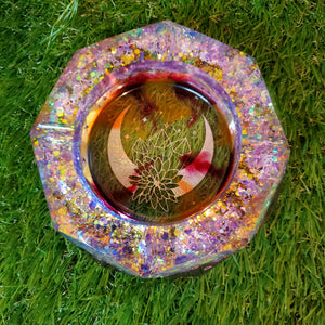 Shimmer Crystal Moon Clear Ashtray Epoxy Resin With Orange and Cranberry Highlights