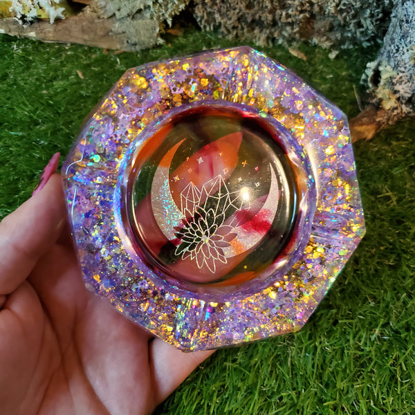 Shimmer Crystal Moon Clear Ashtray Epoxy Resin With Orange and Cranberry Highlights