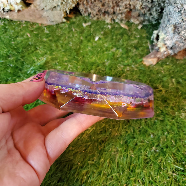 Shimmer Crystal Moon Clear Ashtray Epoxy Resin With Orange and Cranberry Highlights