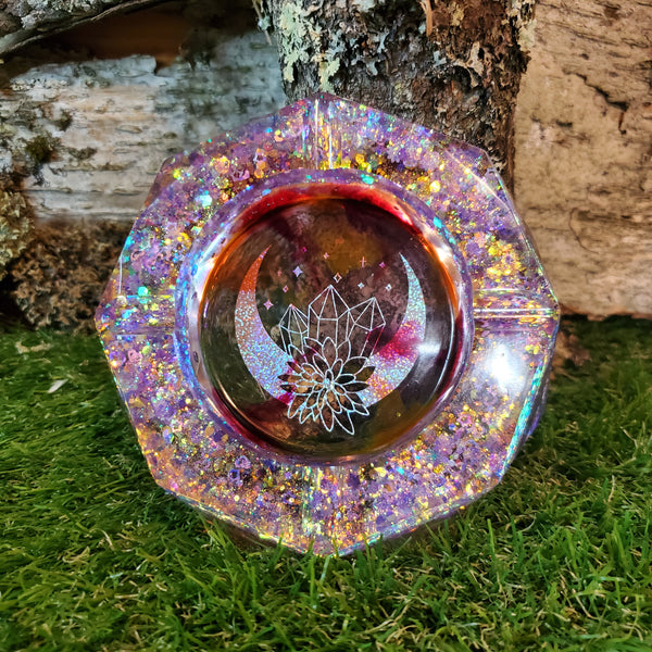 Shimmer Crystal Moon Clear Ashtray Epoxy Resin With Orange and Cranberry Highlights