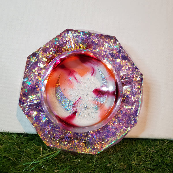 Shimmer Crystal Moon Clear Ashtray Epoxy Resin With Orange and Cranberry Highlights