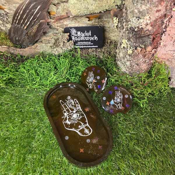 Smokey Hamsa Hand Tray and Car Coaster Set