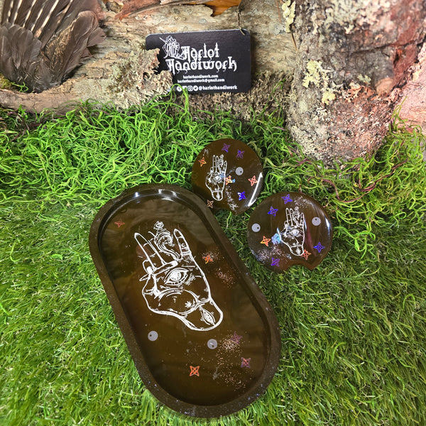 Smokey Hamsa Hand Tray and Car Coaster Set