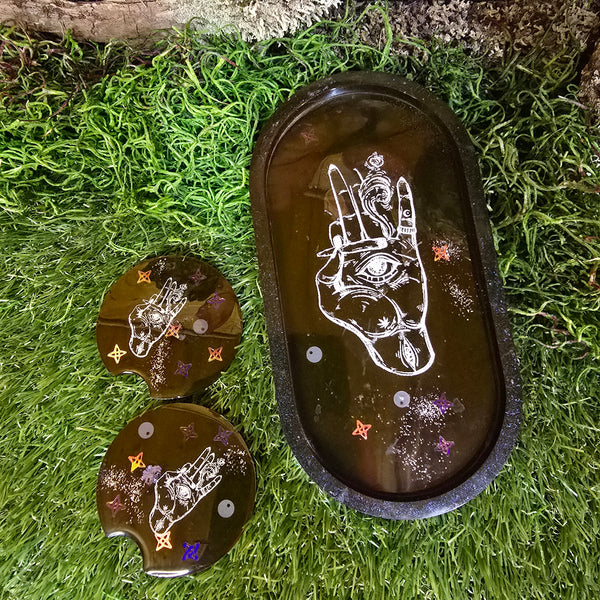 Smokey Hamsa Hand Tray and Car Coaster Set