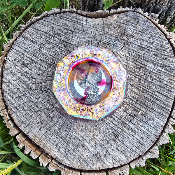 Shimmer Crystal Moon Clear Ashtray Epoxy Resin With Orange and Cranberry Highlights