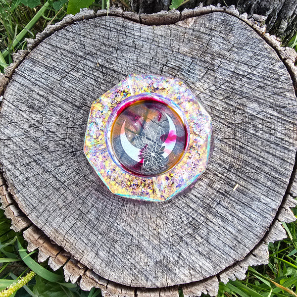 Shimmer Crystal Moon Clear Ashtray Epoxy Resin With Orange and Cranberry Highlights