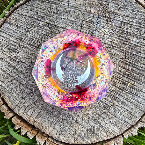 Shimmer Crystal Moon Clear Ashtray Epoxy Resin With Orange and Cranberry Highlights