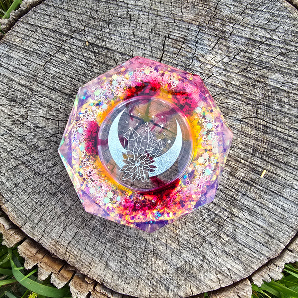 Shimmer Crystal Moon Clear Ashtray Epoxy Resin With Orange and Cranberry Highlights
