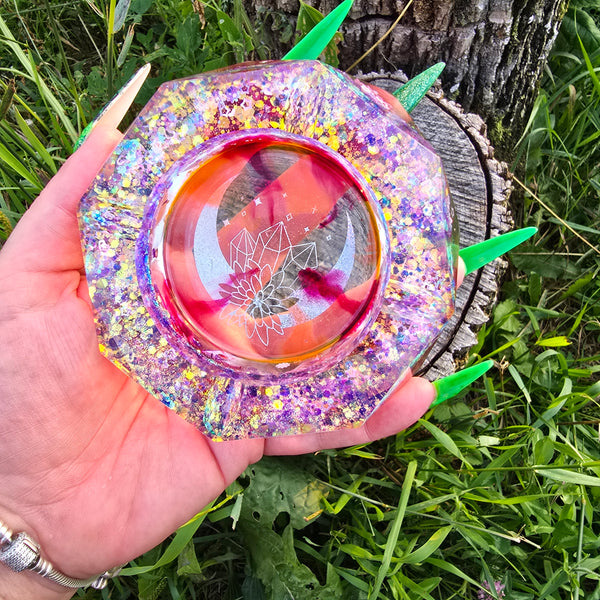 Shimmer Crystal Moon Clear Ashtray Epoxy Resin With Orange and Cranberry Highlights