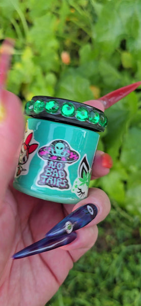Girl Power turquoise glass mini stash jar with green resin rim